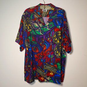 Vintage Islander Multicolor Abstract Print Button Down Short Sleeve Shirt XL Red